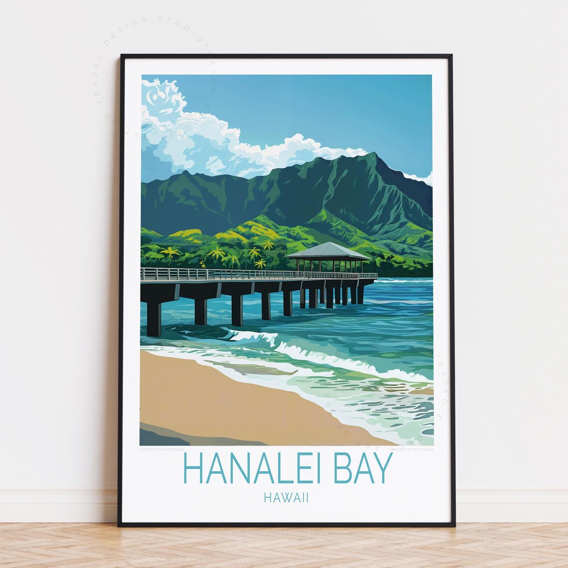 Hanalei Bay Hawaii Pier Turquoise Waves Minimalist Travel Poster