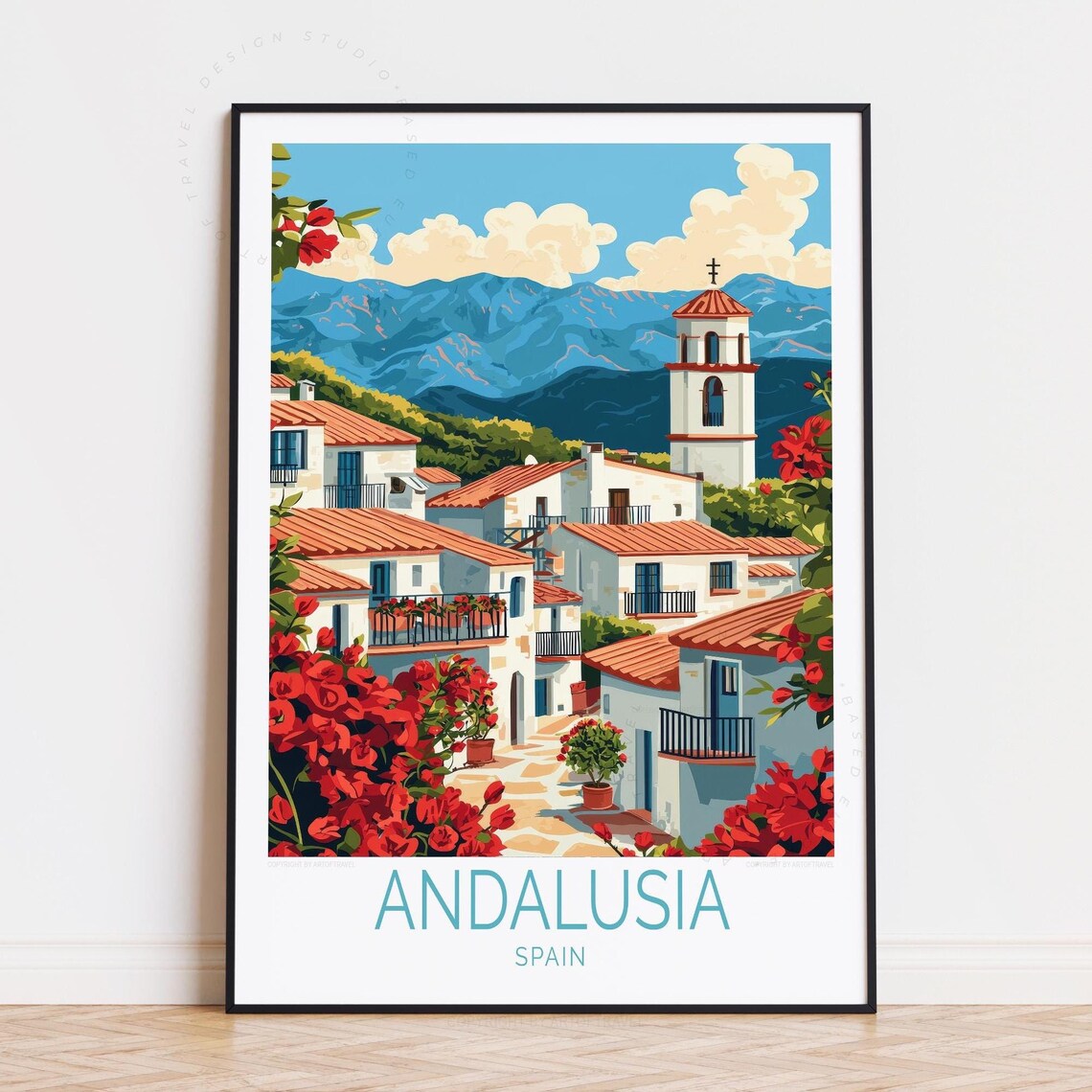 Andalusia Spain White Village Church Tower Mountains Travel Poster