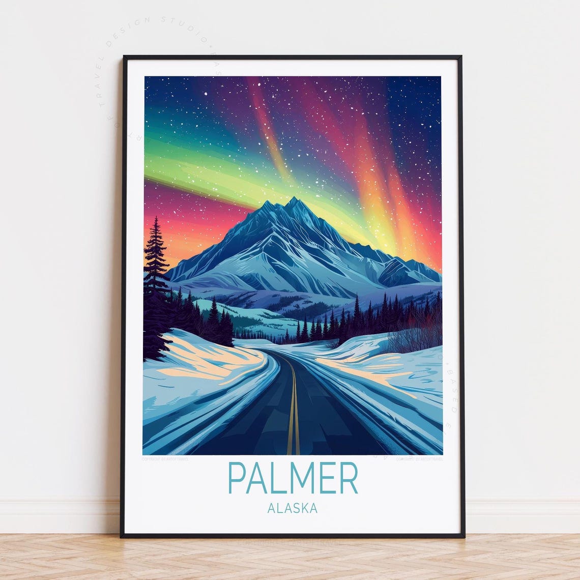 Palmer Alaska Northern Lights Snowy Mountain Road Night Sky Poster