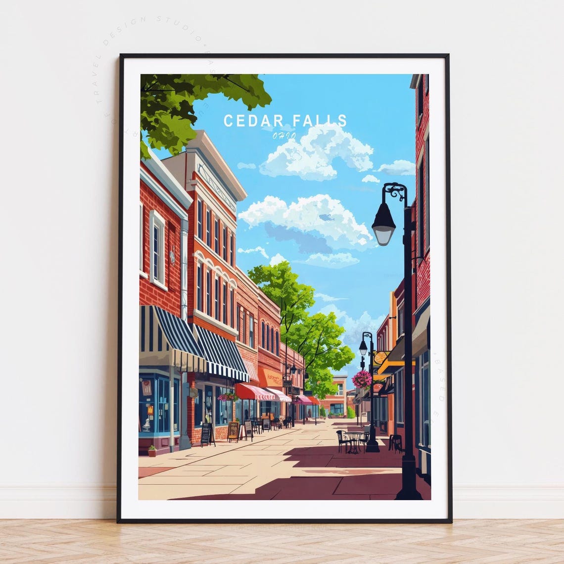 Cedar Falls Ohio Small Town Main Street Brick Shops Vintage Poster