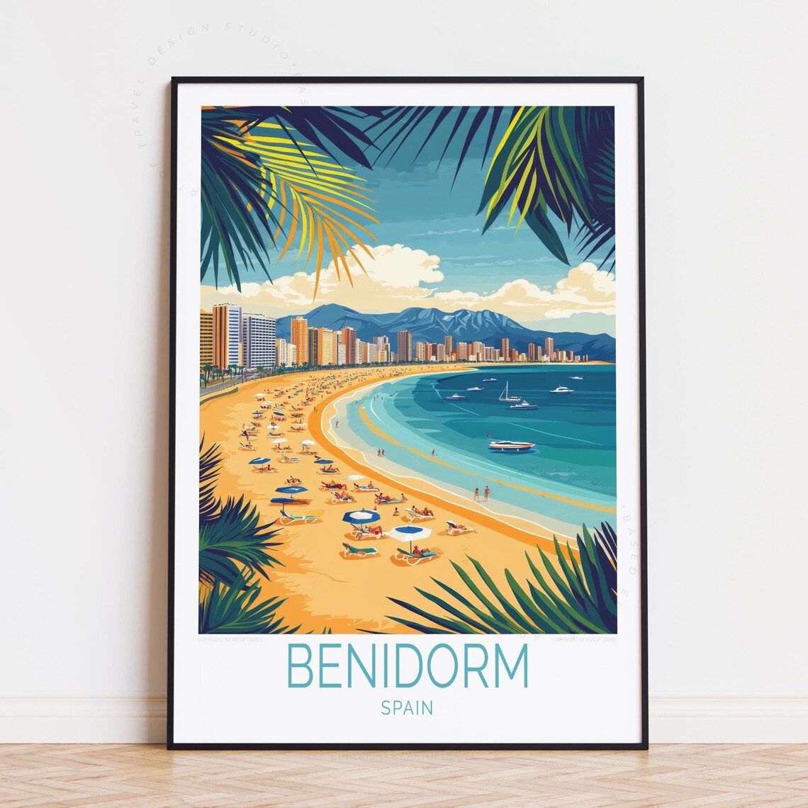Benidorm Spain Vintage Travel Beach Skyline Palm Fronds Poster