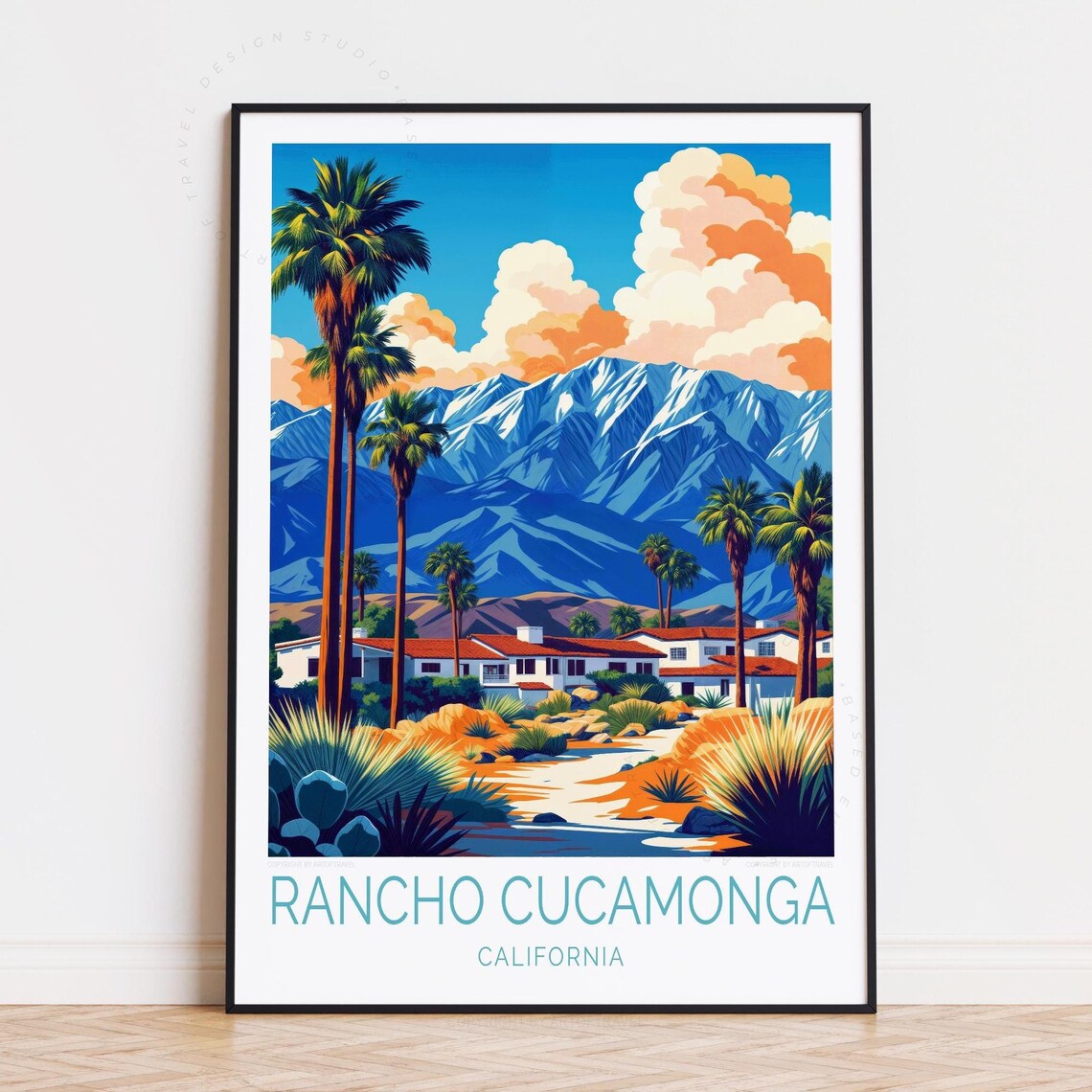 Rancho Cucamonga California Snow Peaks And Palms Vintage Travel Poster