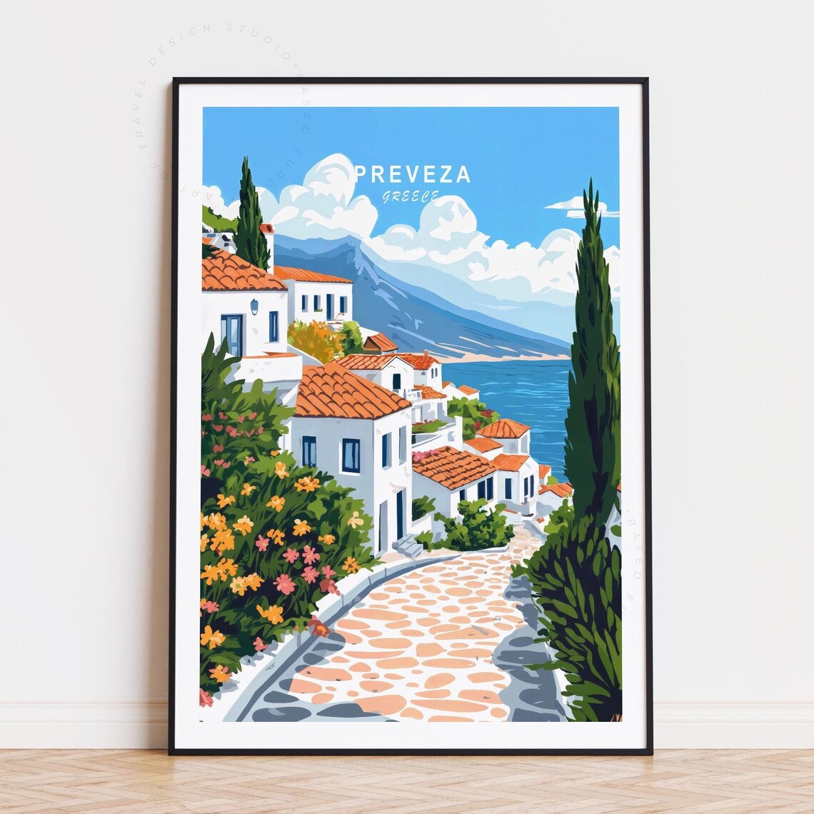 Preveza Greece White Village Flower Street Lane Travel Poster