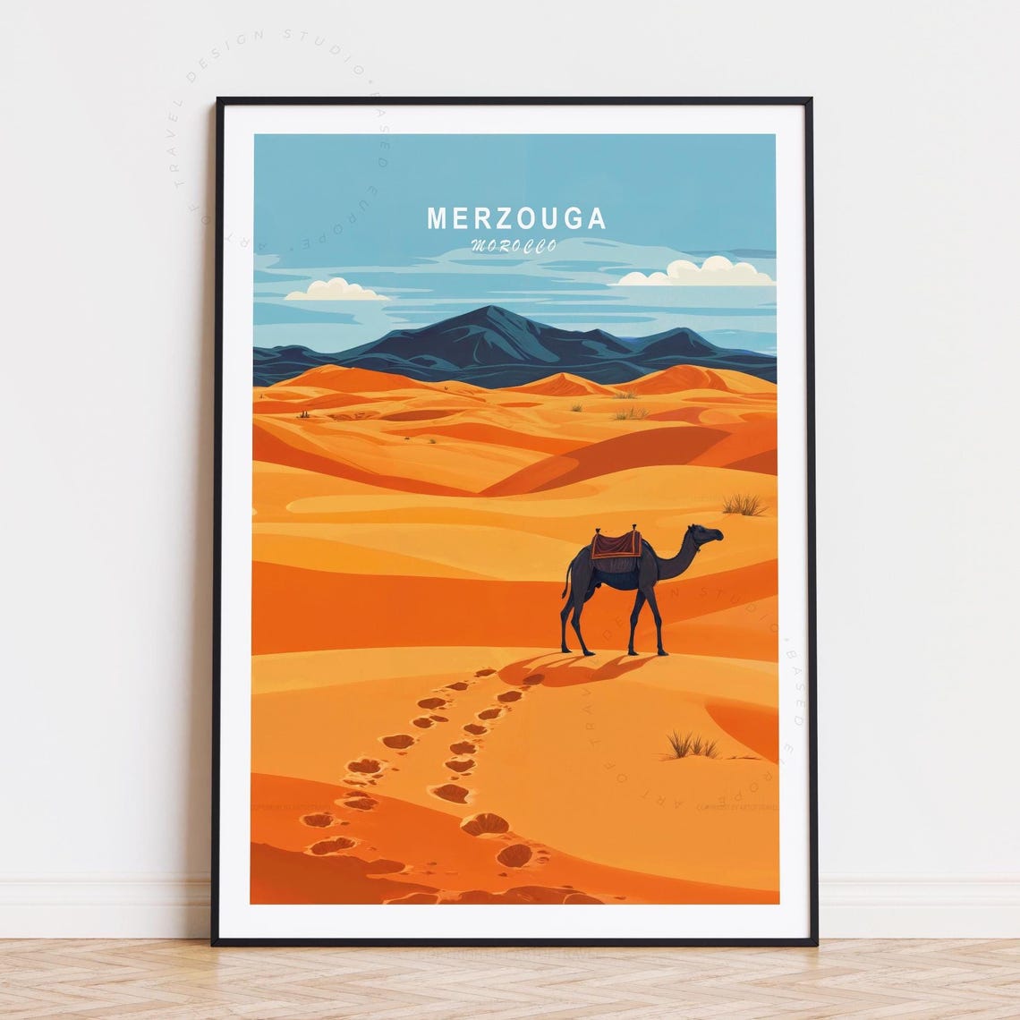 Merzouga Morocco Lone Camel Sahara Desert Dunes Vintage Art Poster
