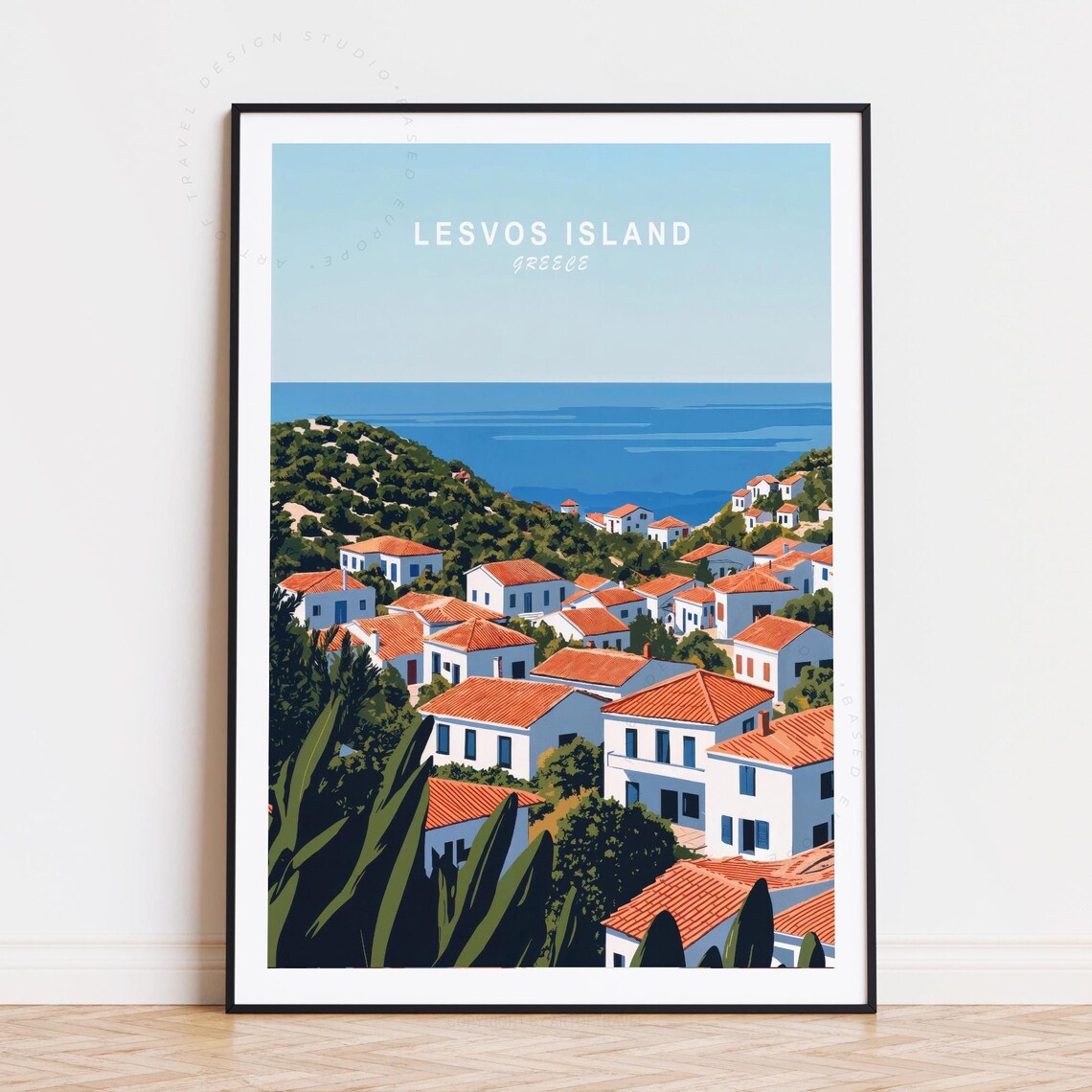 Lesvos Island Greece Whitewashed Village Overlook Sea Travel Poster