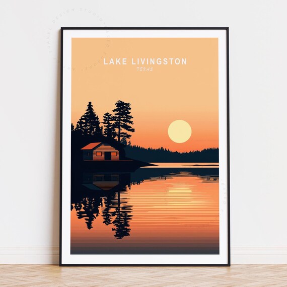 Lake Livingston Texas Golden Sunset Cabin Reflection Lake Poster