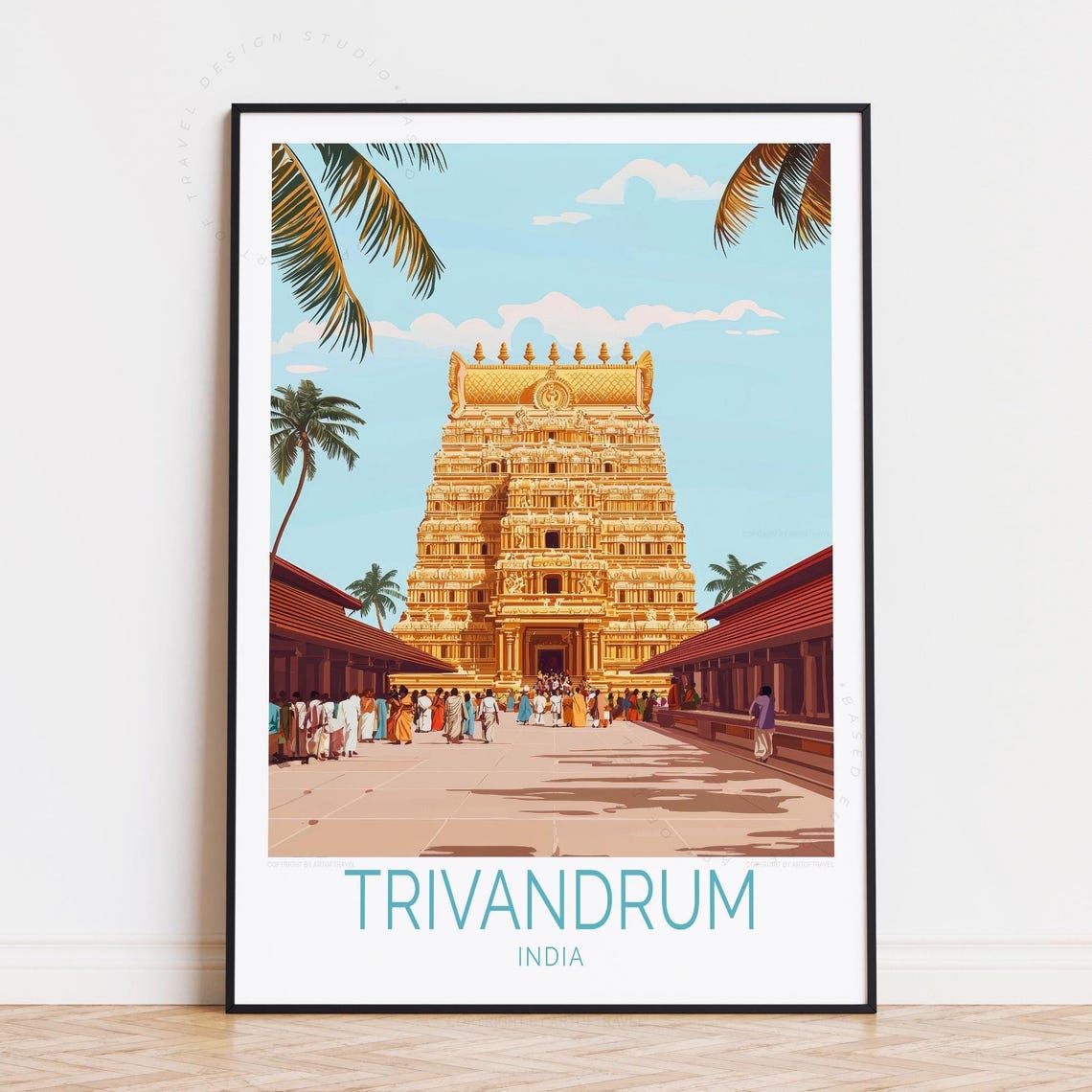 Trivandrum India Golden Temple Tower Pilgrims Courtyard Scene Poster