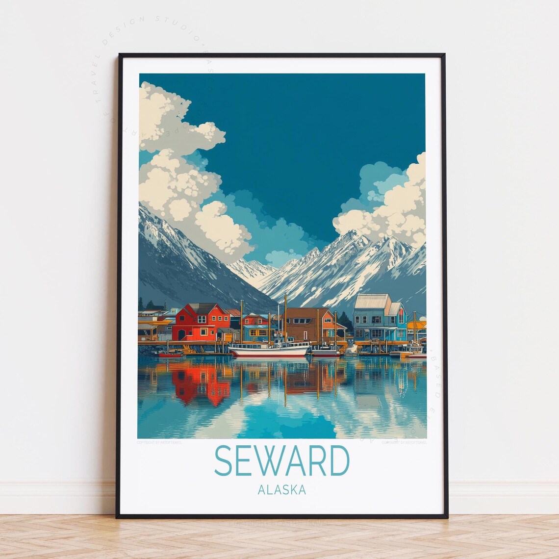 Seward Alaska Harbor Colorful Buildings Snow Peaks Travel Poster