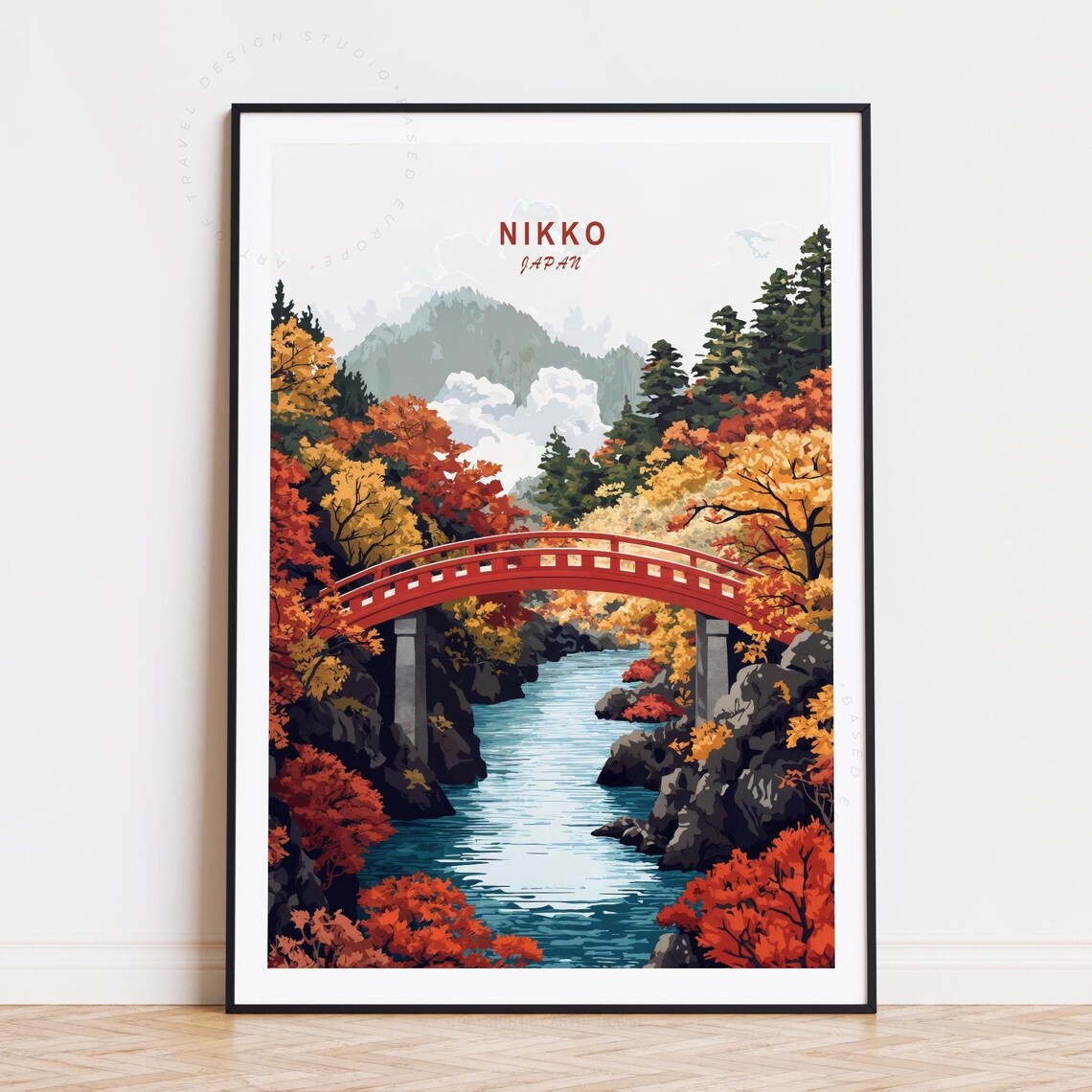Nikko Japan Red Arched Bridge River Gorge Autumn Foliage Poster
