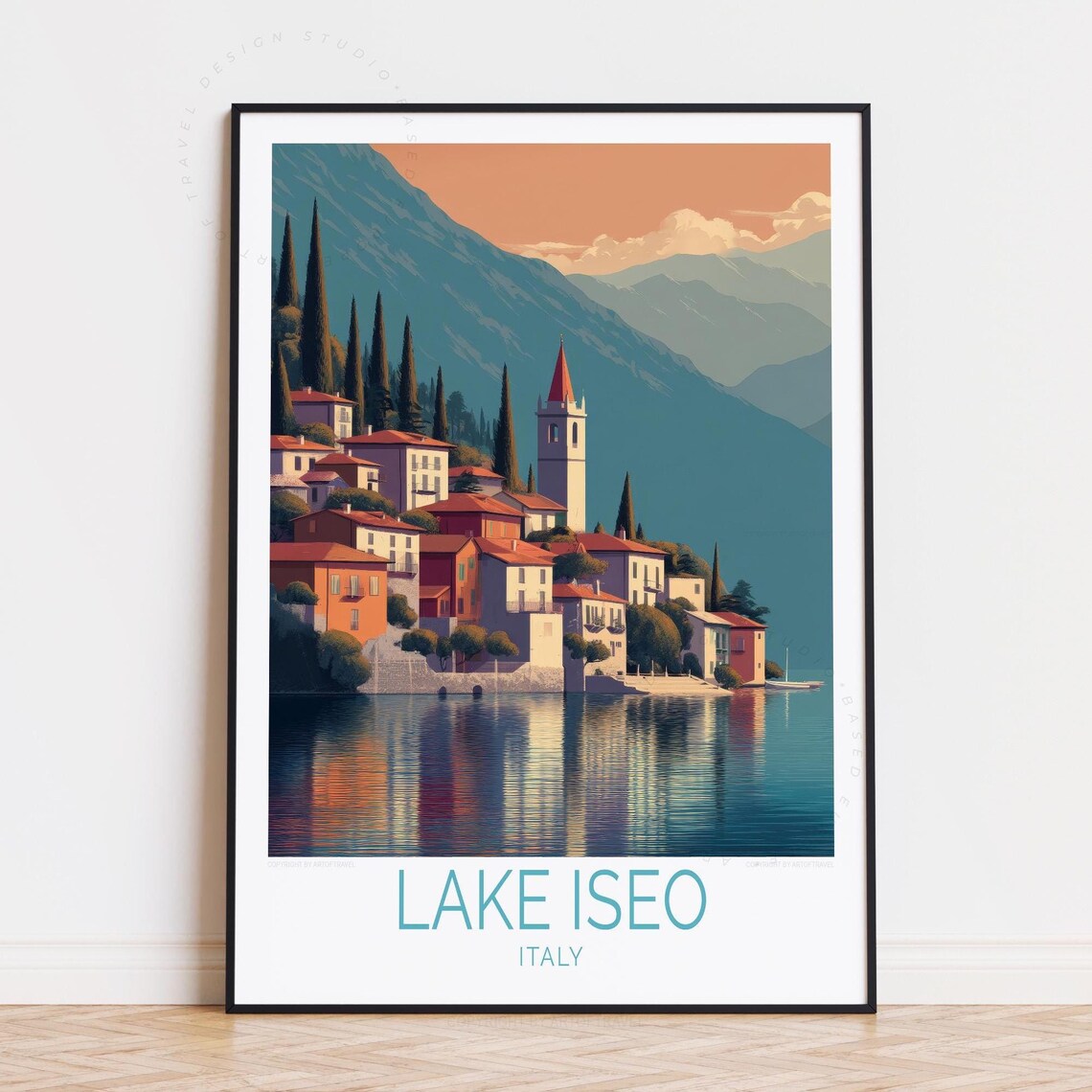 Lake Iseo Italy Cypress Hill Village Sunset Vintage Travel Poster