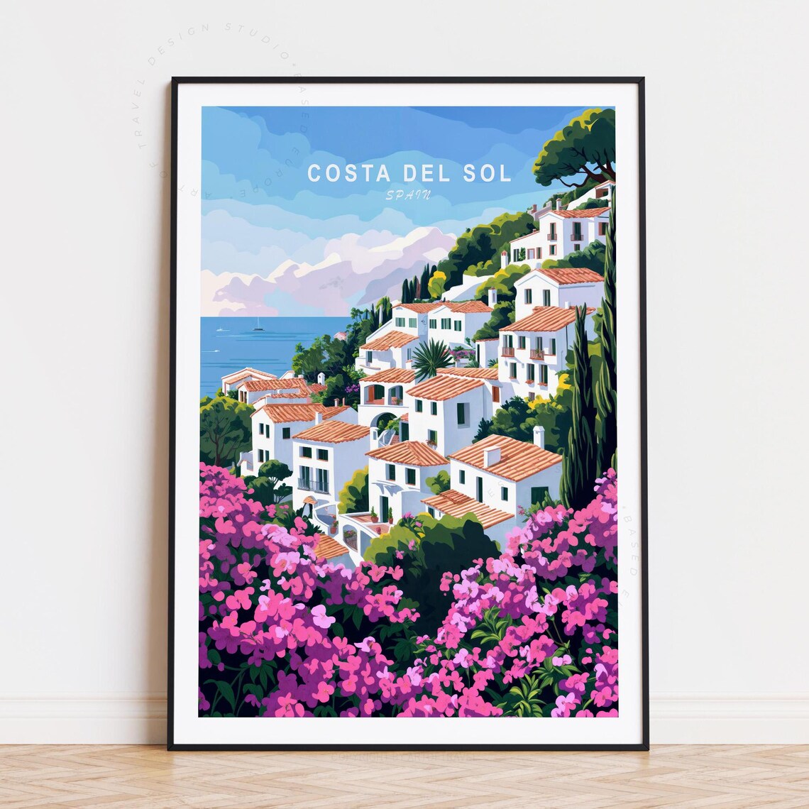 Costa Del Sol Spain White Village Sea Hillside Vintage Travel Poster