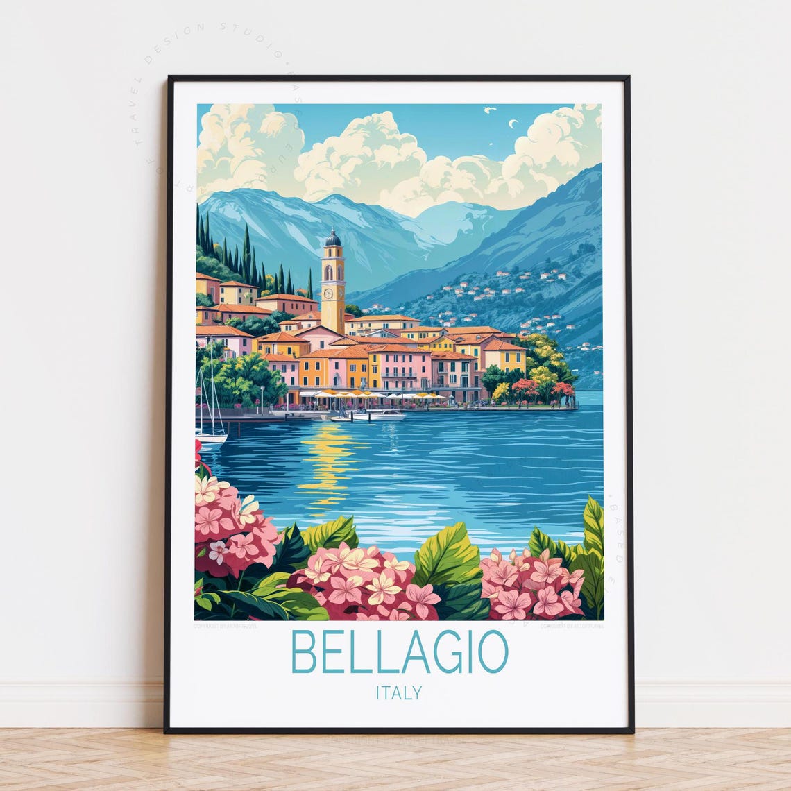 Bellagio Italy Lakeside Town Church Tower Flowers Lake Como Poster