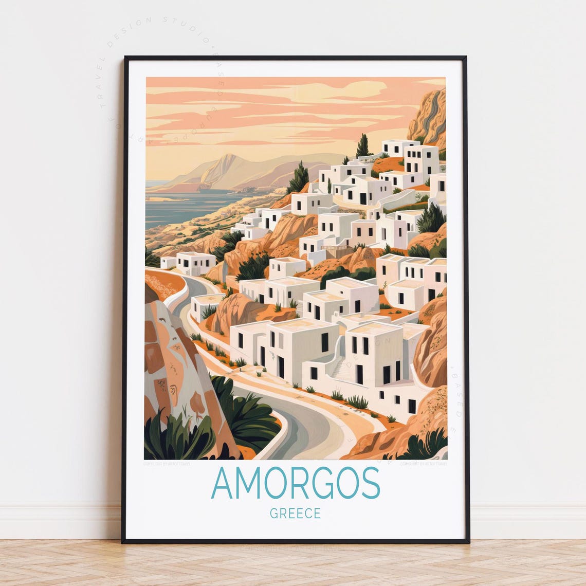 Amorgos Greece Hillside Village Sunset Road Coastline Travel Poster
