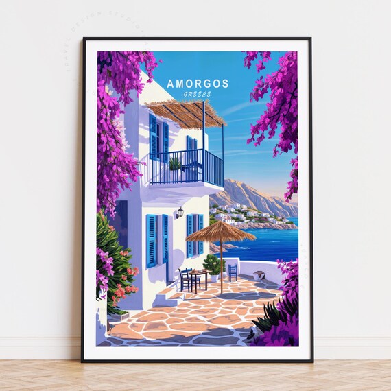Amorgos Greece Bougainvillea Framed Seaside Village Tavern Poster