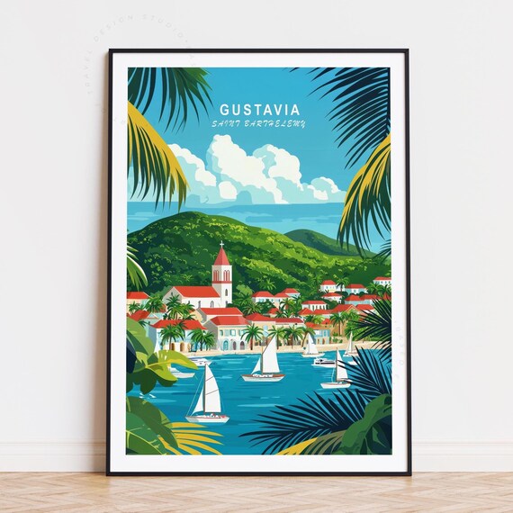 Gustavia Saint Barthelemy Church Harbor Sailboats Tropical Travel Poster