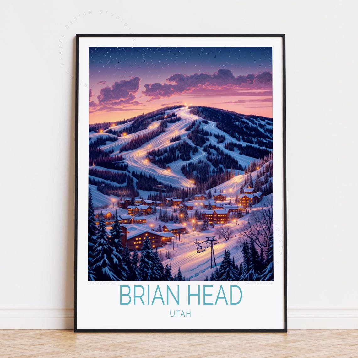Brian Head Utah Night Ski Slopes Lit Mountain Resort Travel Poster
