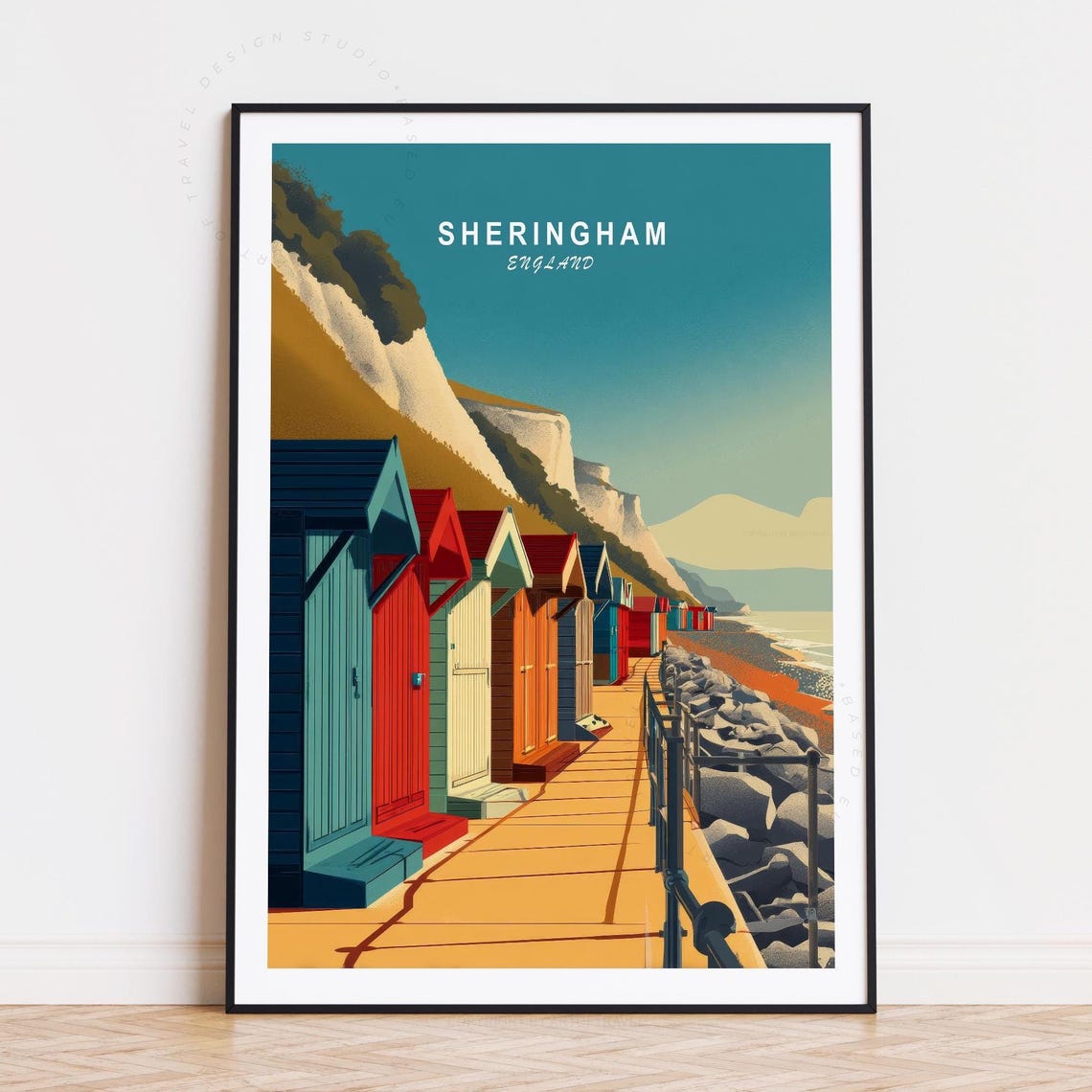 Sheringham England Colorful Beach Huts White Cliffs Travel Poster