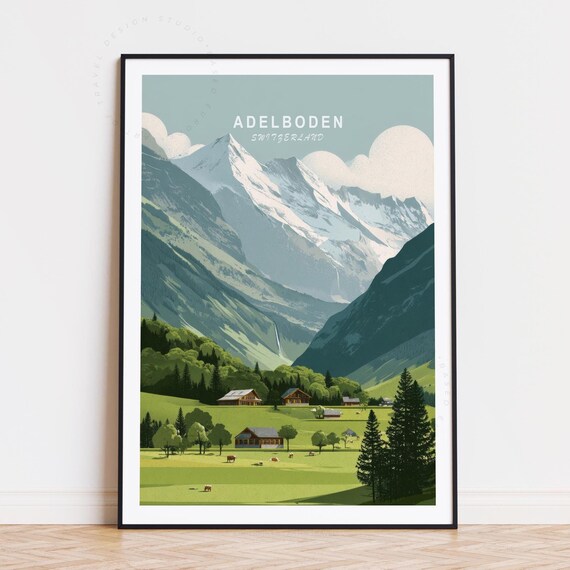 Adelboden Switzerland Snowy Alpine Valley with Mountain Chalets Poster