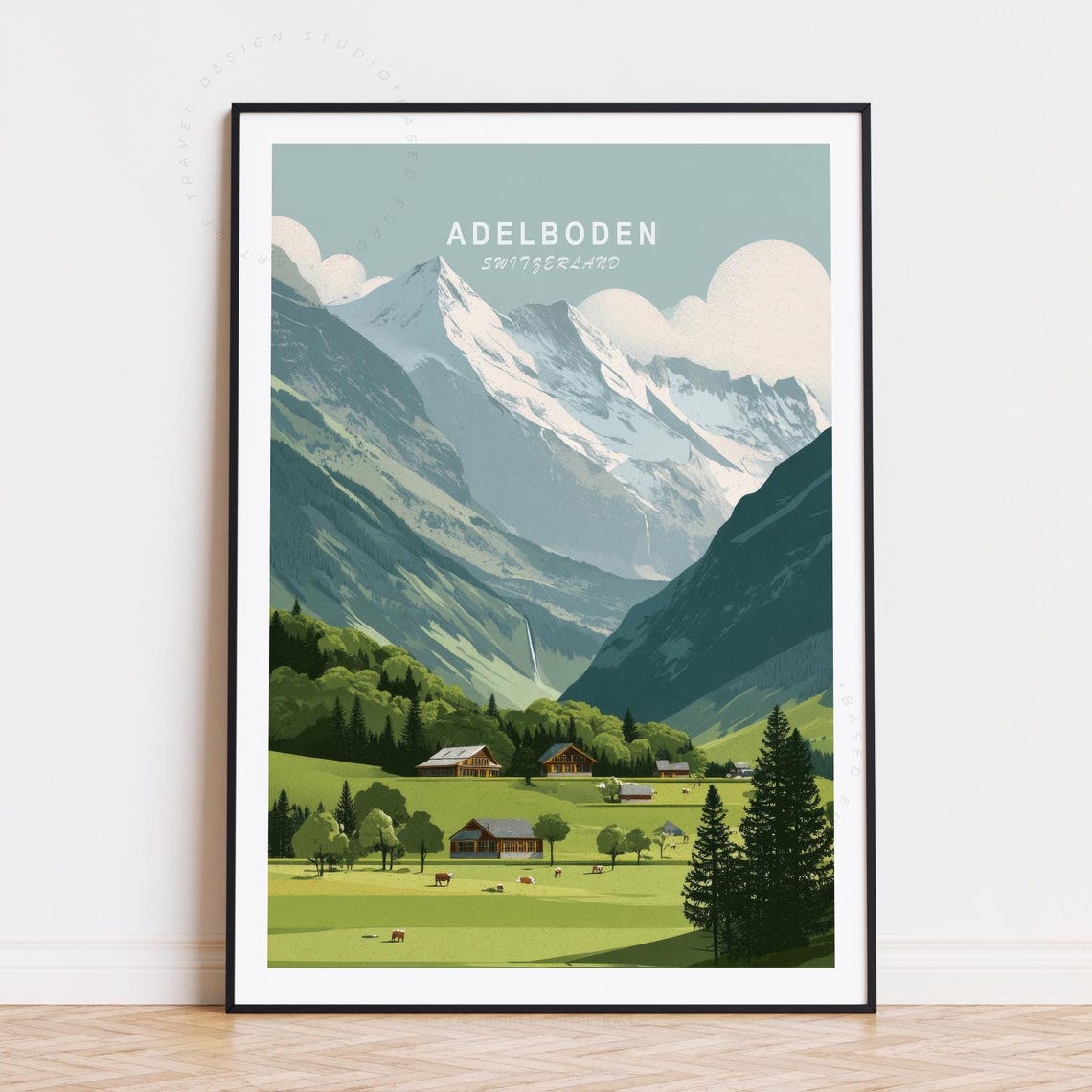 Adelboden Switzerland Snowy Alpine Valley with Mountain Chalets Poster