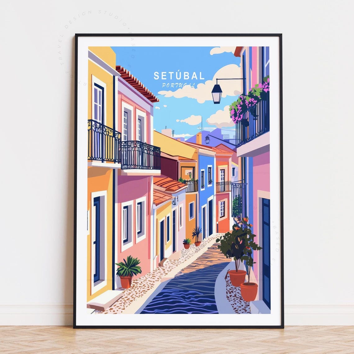 Setubal Portugal Charming Old Town Street Balconies Floral View Poster