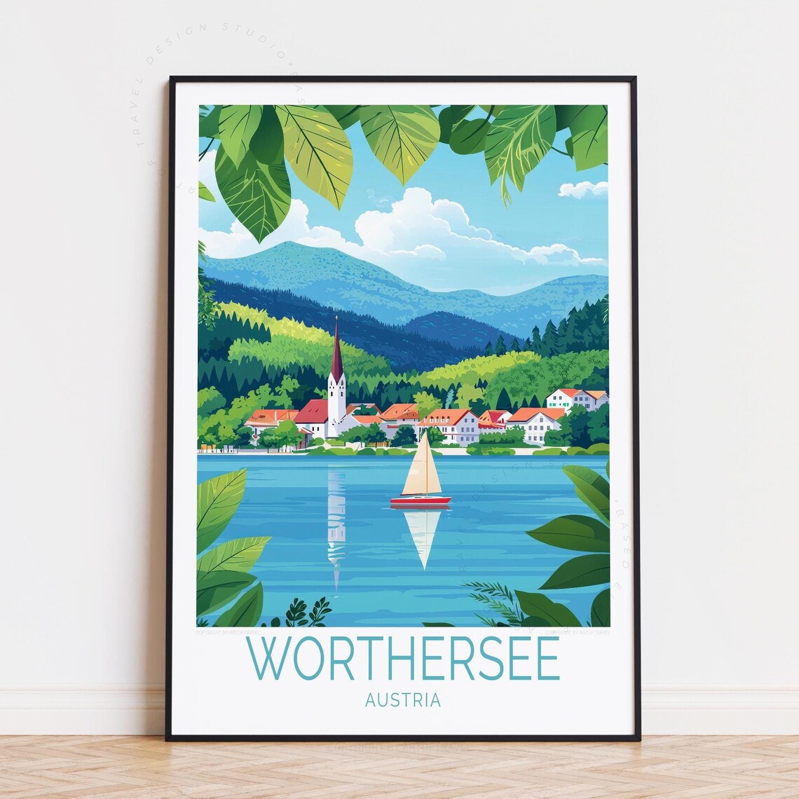 Wörthersee Austria Church Spire Sailboat Green Valley Travel Poster