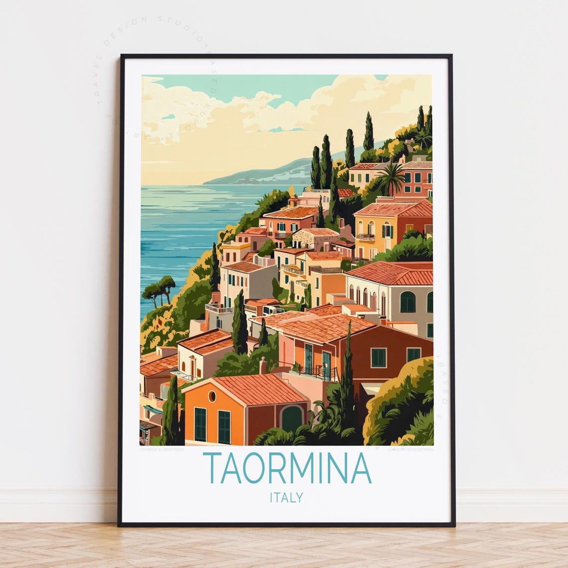 Taormina Italy Sicily Coast Hillside Town Terracotta Travel Poster