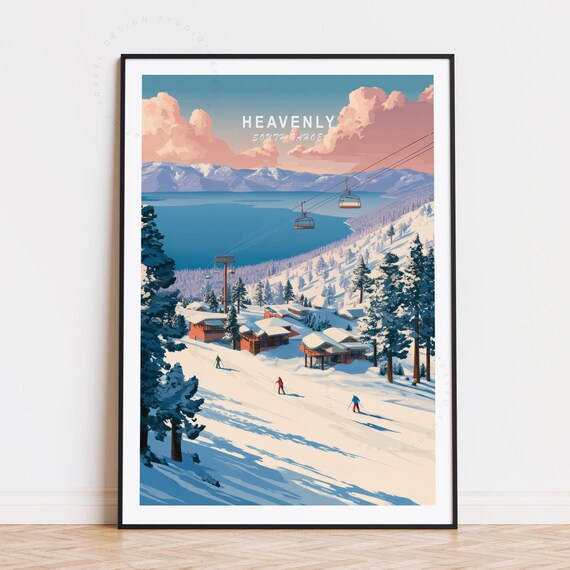 Heavenly South Tahoe Snowy Ski Village Lake View Vintage Art Poster