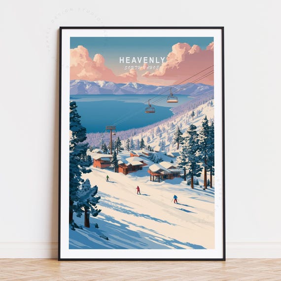 Heavenly Travel Poster South Tahoe Wall Art Ski Resort Print Home Decor Birthday Gifts Minimalist