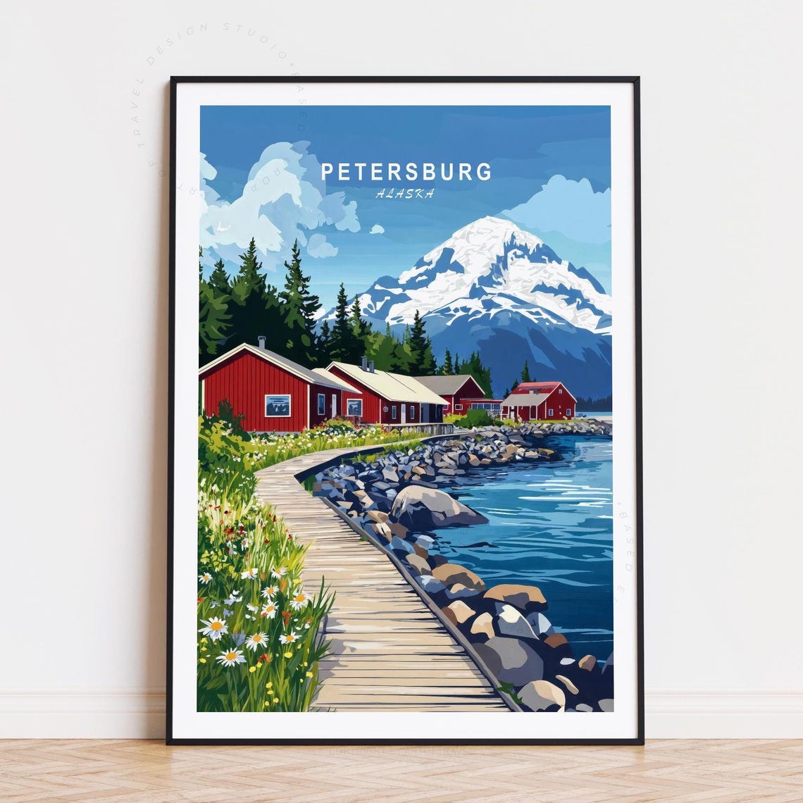 Petersburg Alaska Harbor Boardwalk Red Cabins Mountain View Poster
