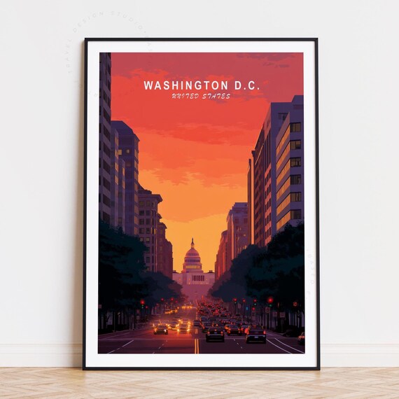 Washington DC Capitol Sunset City Street Minimalist Travel Poster