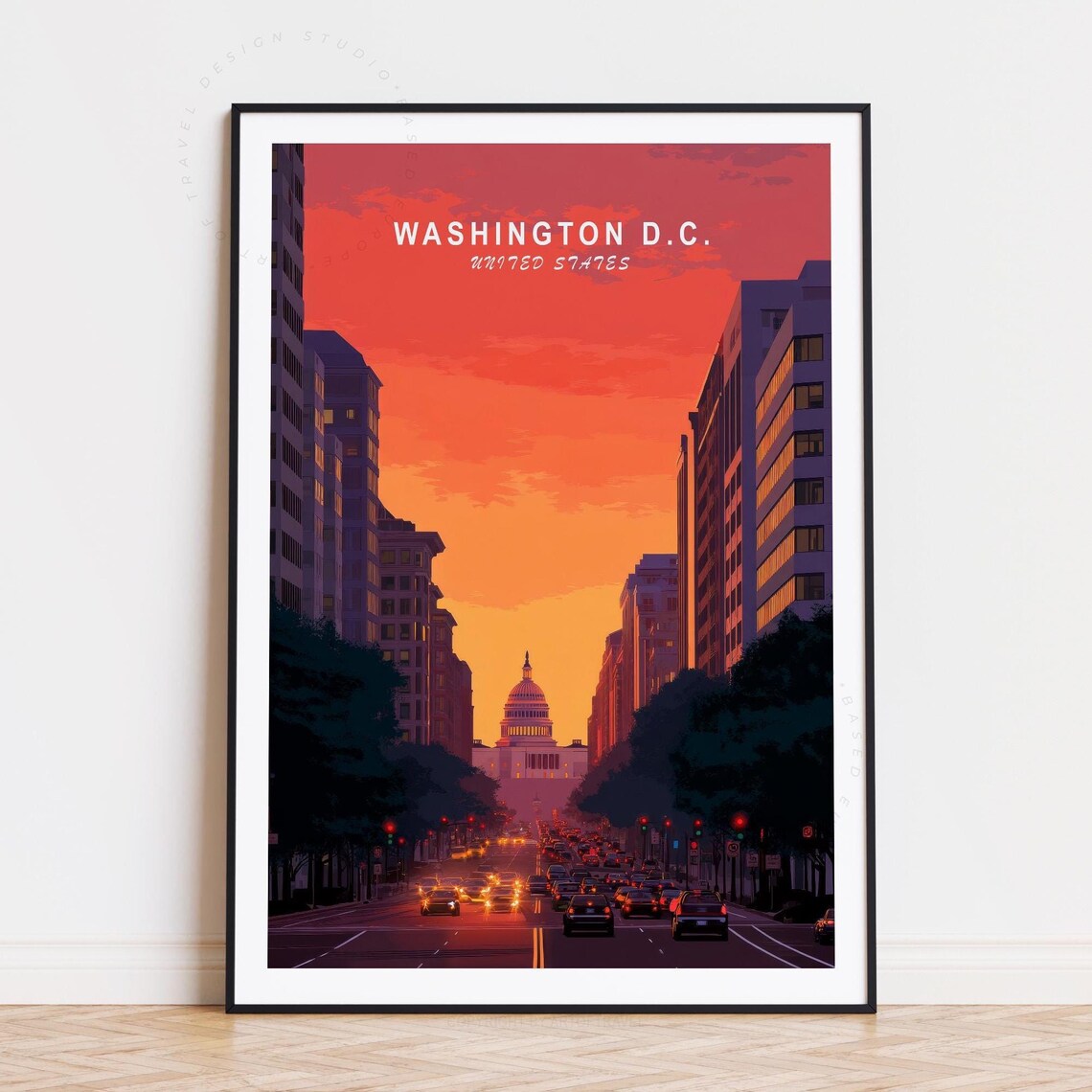 Washington DC Capitol Sunset City Street Minimalist Travel Poster
