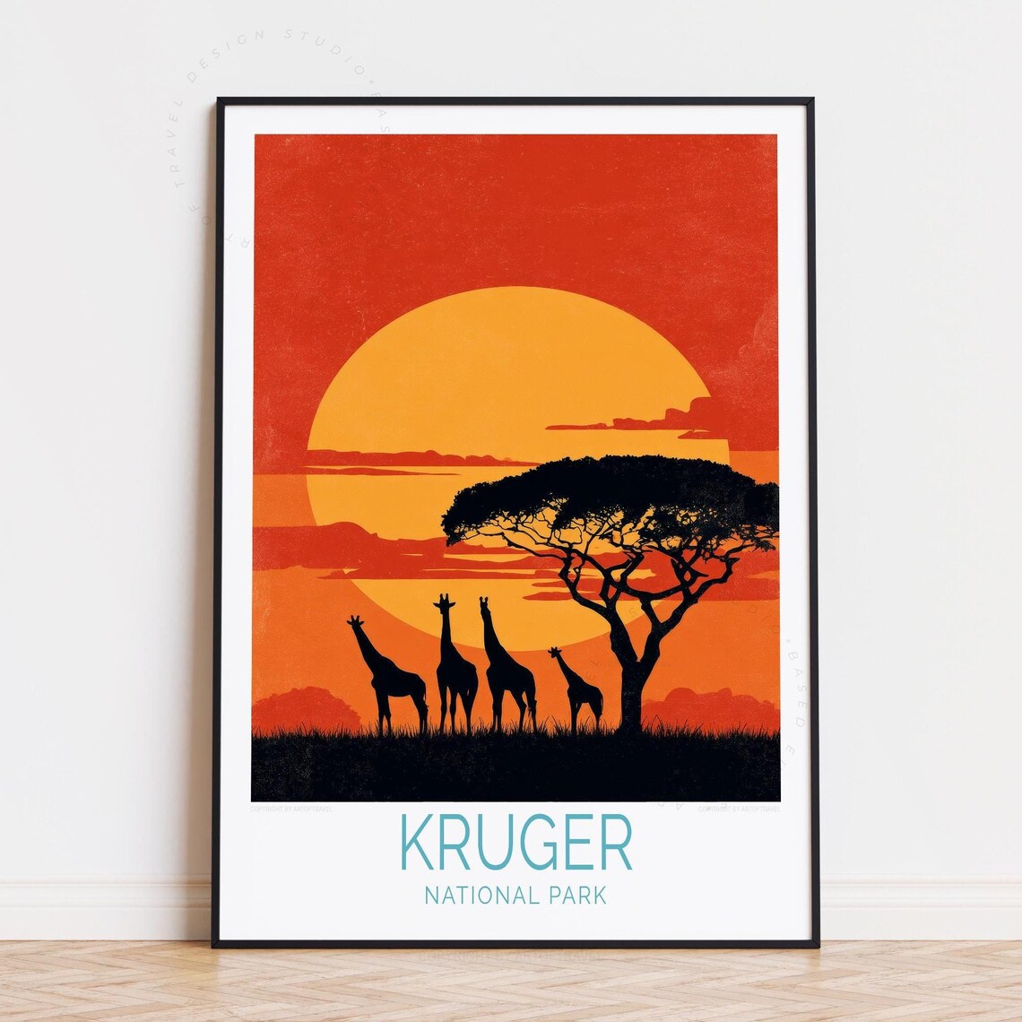 Kruger National Park African Sunset Giraffe Silhouette Savanna Travel Poster