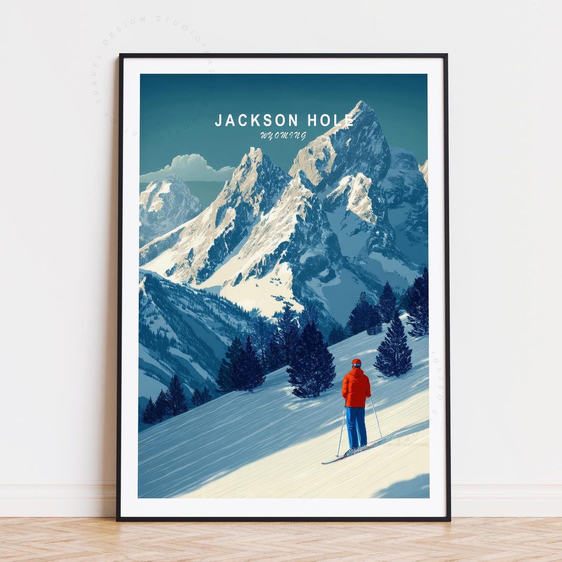 Jackson Hole Wyoming Alpine Ski Descent Snow Peak Vista Poster