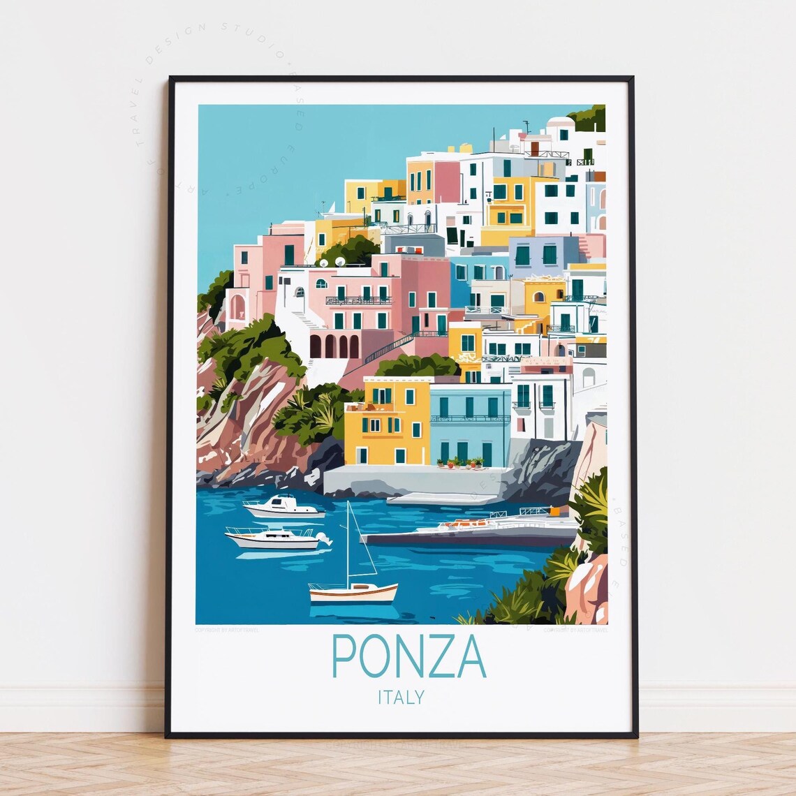 Ponza Italy Harbor Colorful Stacked Houses and Moored Boats Poster