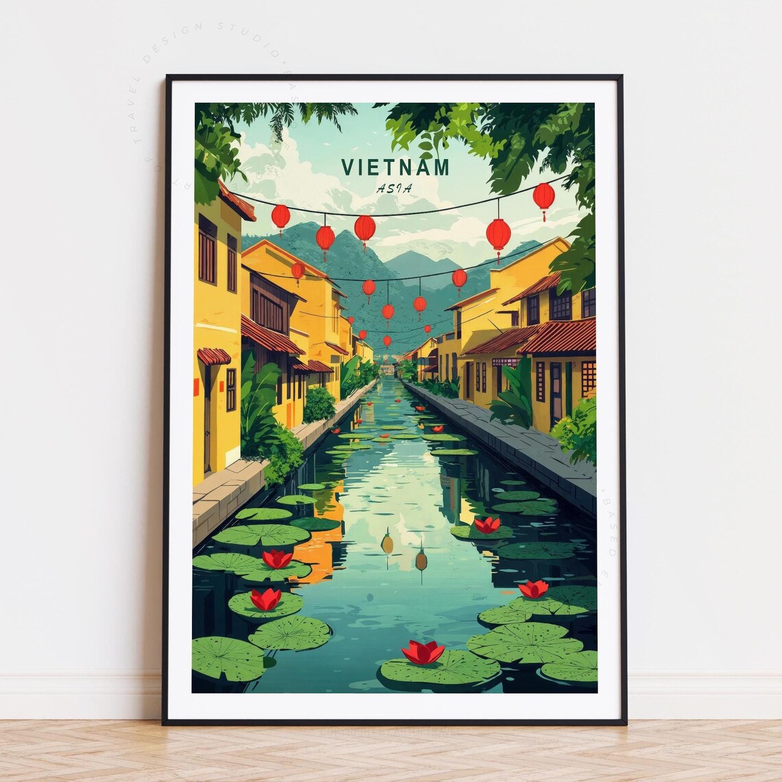 Vietnam Asia Lantern Canal Lotus Flowers Old Town Travel Poster