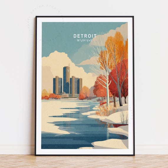 Detroit Michigan Travel Poster, Minimalist Cityscape