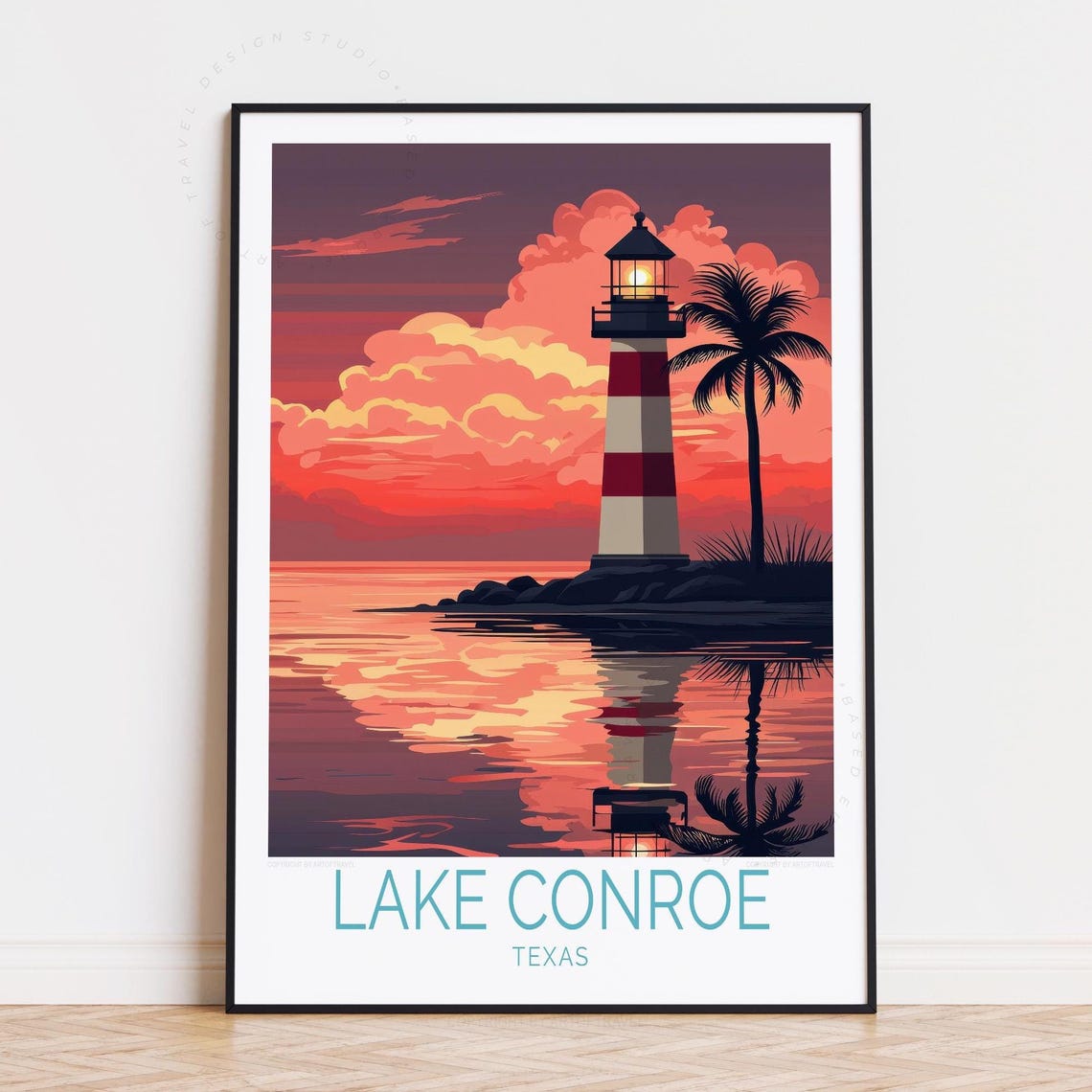 Lake Conroe Texas Striped Lighthouse Sunset Palm Silhouette Poster
