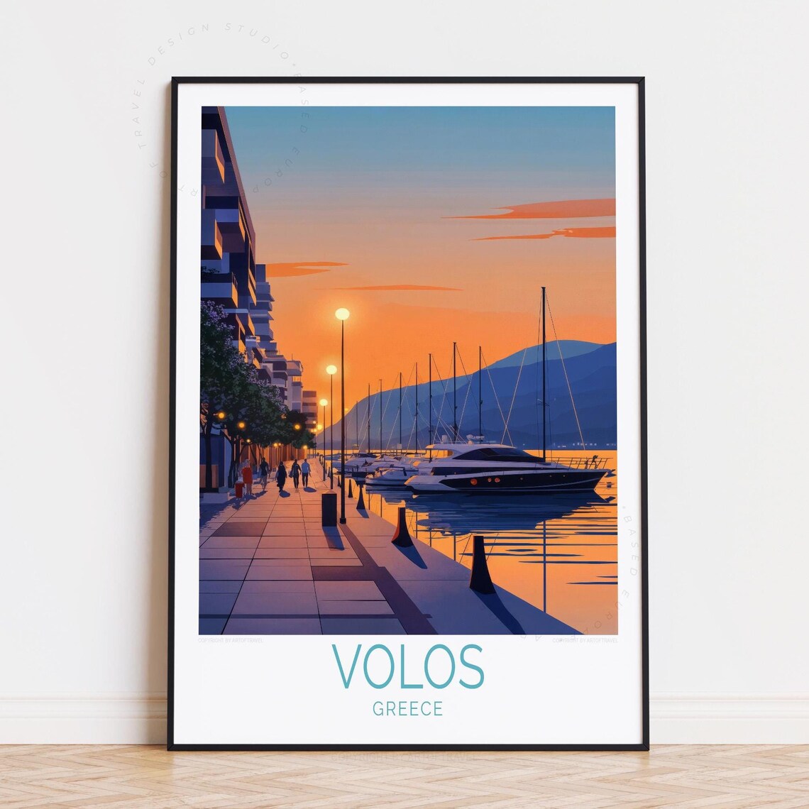 Volos Greece Sunset Marina Yacht Waterfront Evening Travel Poster