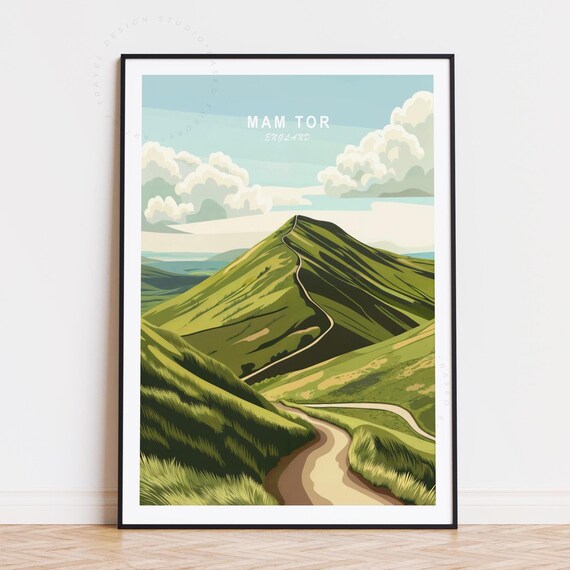 Mam Tor England Green Summit Trail Under Bright Clouds Travel Poster