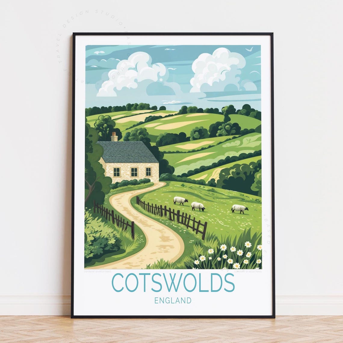 Cotswolds England Stone Cottage Sheep Pasture Hills Travel Poster