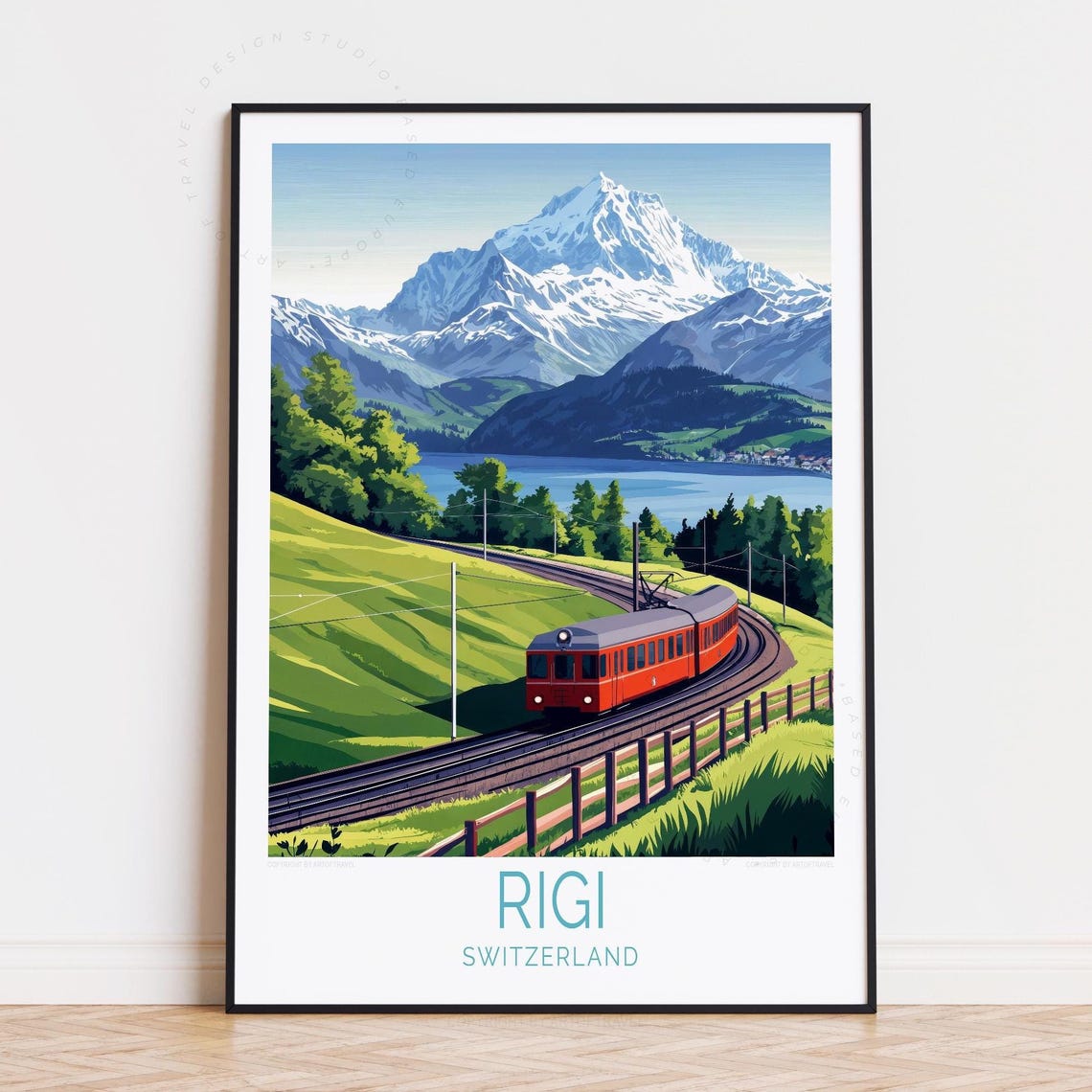 Rigi Switzerland Red Mountain Train Green Meadow Snow Peak Poster