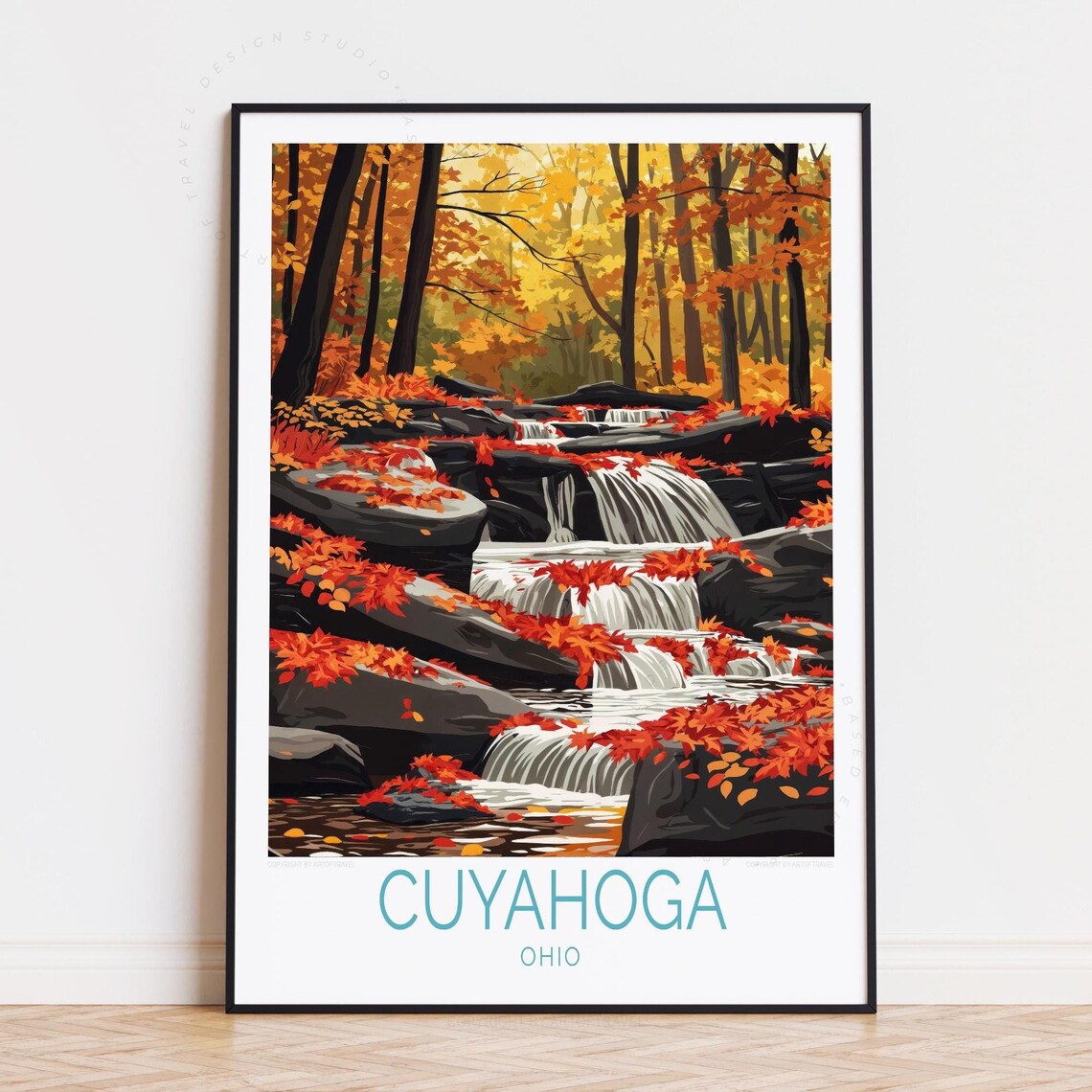 Cuyahoga Ohio Autumn Waterfall Maple Leaves Cascades Travel Poster