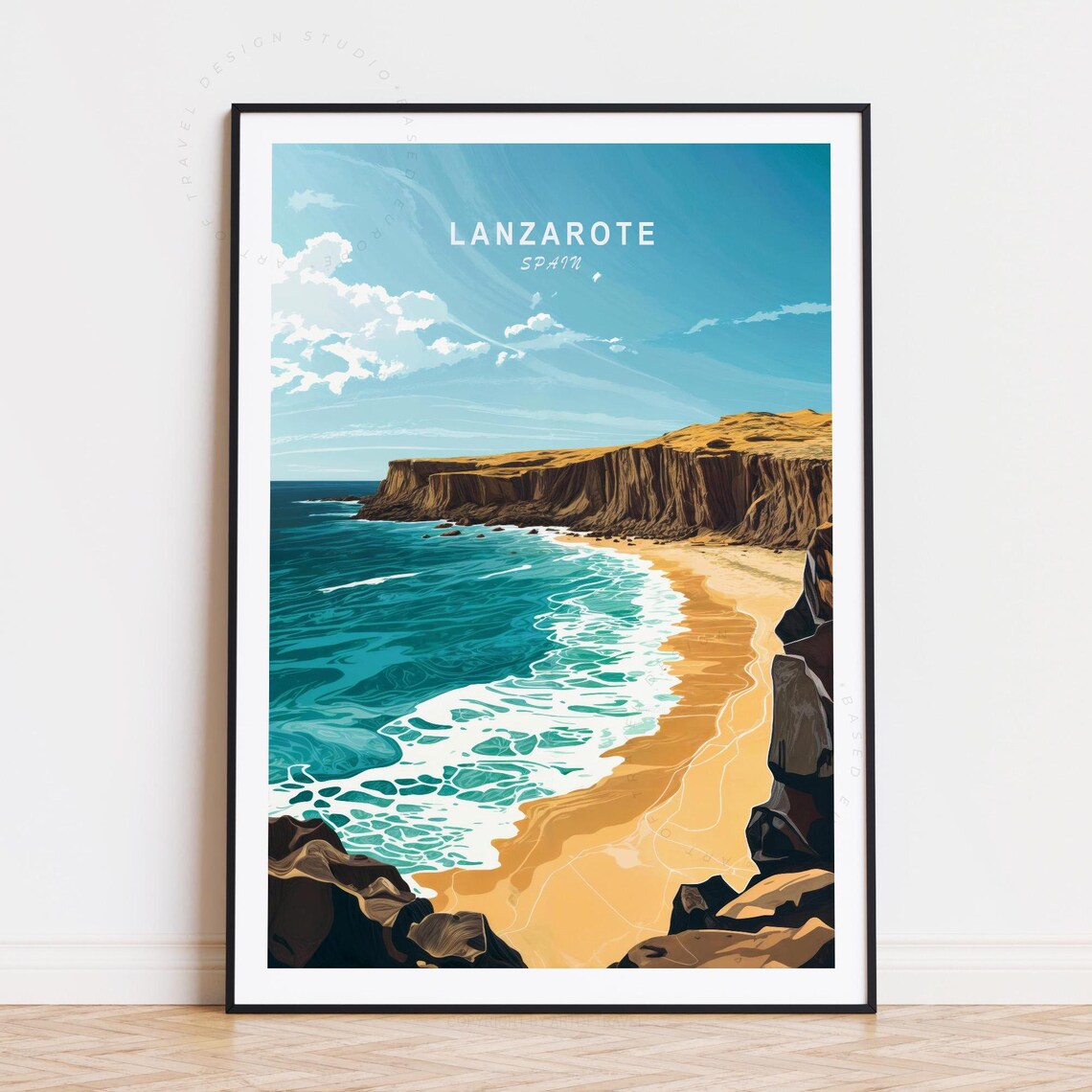 Lanzarote Spain Golden Cliff Beach Turquoise Surf Travel Poster