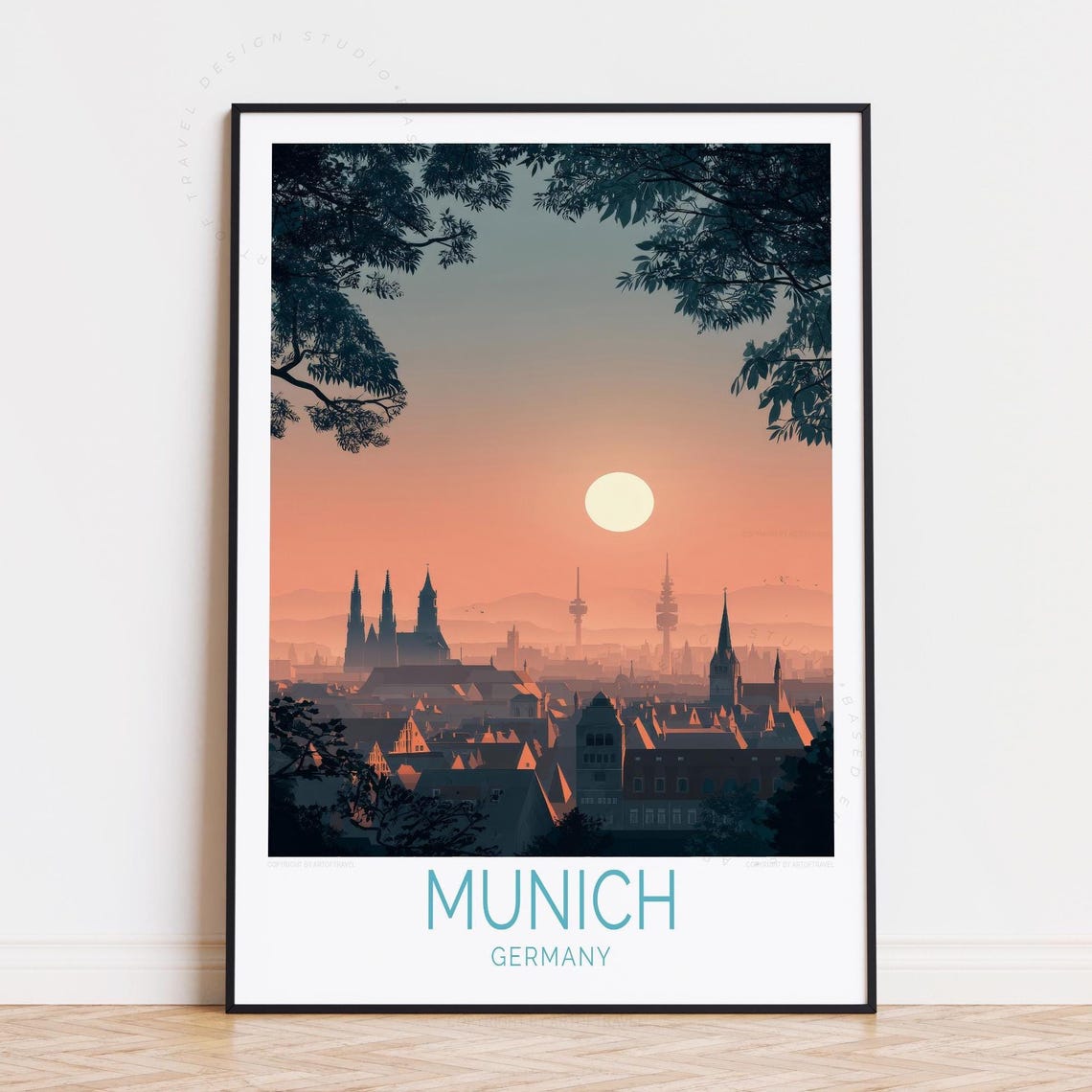 Munich Germany Sunset Skyline Over Old Town Roofs and Spires Poster