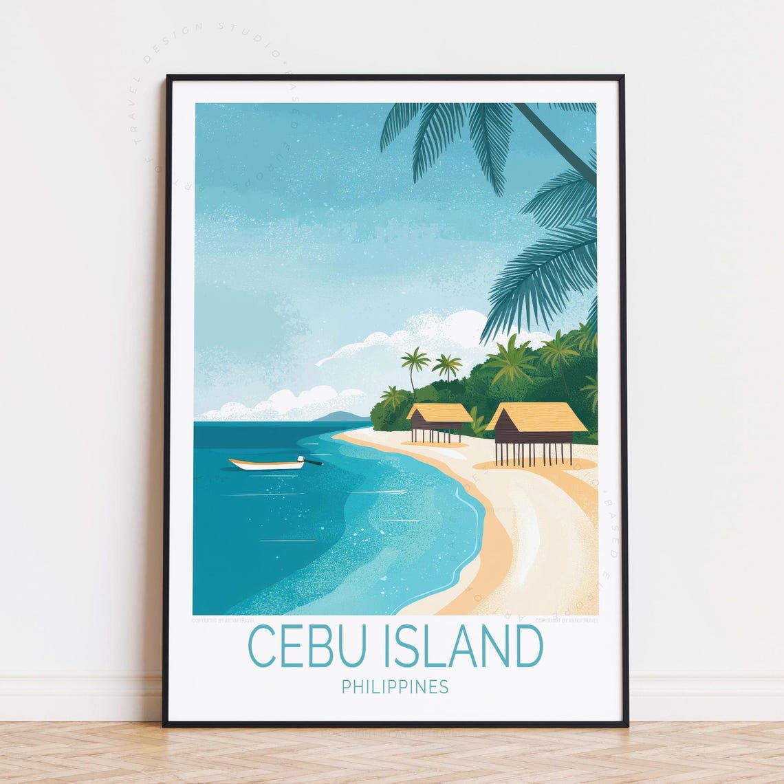 Cebu Island Philippines Sandy Shore Thatched Huts Travel Poster