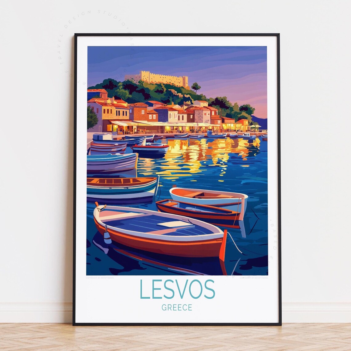Lesvos Greece Sunset Harbor Fishing Boats Hilltop Castle Travel Poster