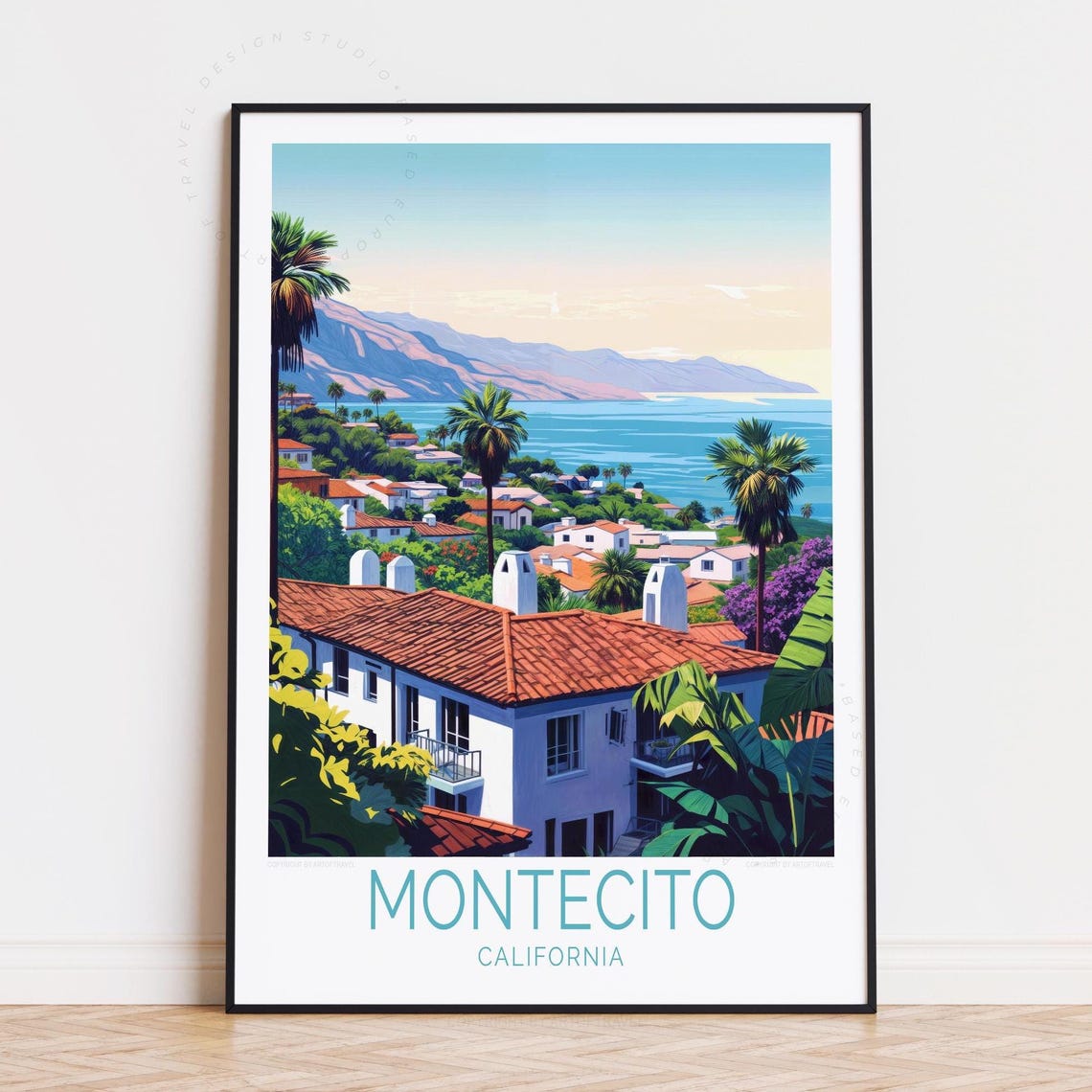 Montecito California Coastal Town Palm Trees Sunset Travel Poster