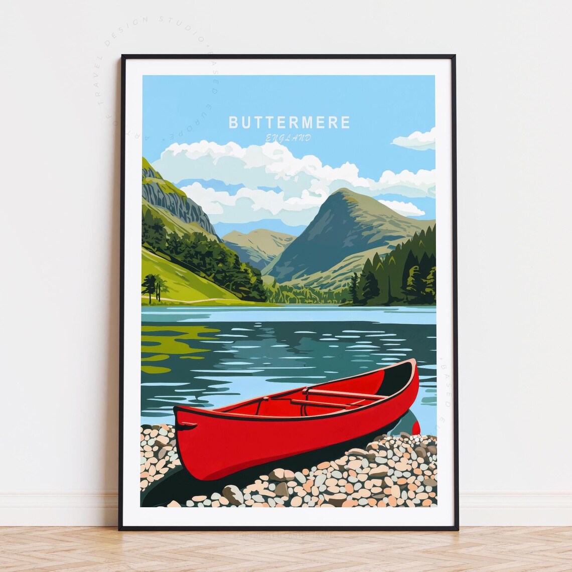 Buttermere England Red Canoe Lake Fells Pebble Shore Classic Poster