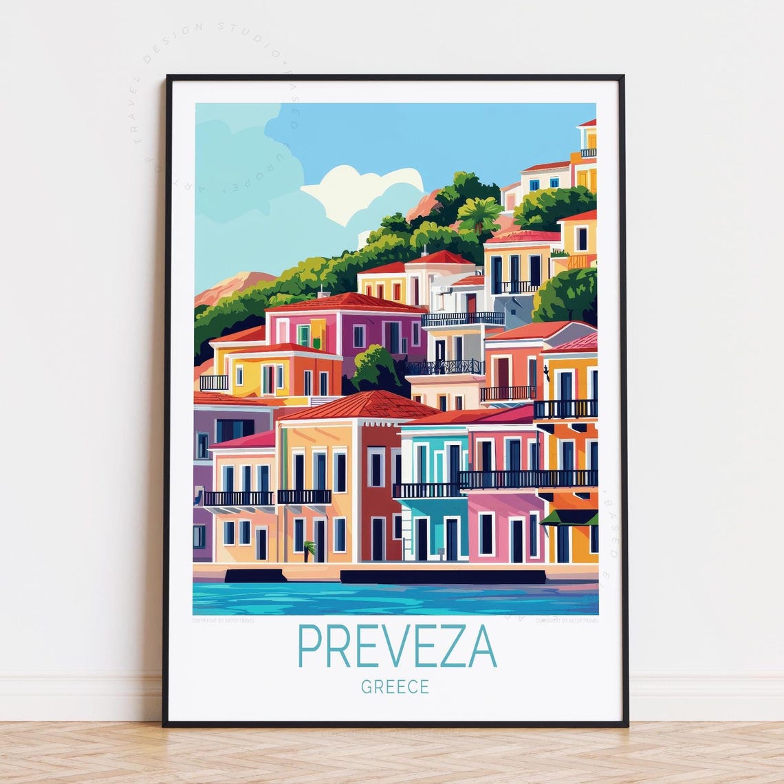 Preveza Greece Waterfront Colorful Harbor Houses Retro Travel Poster