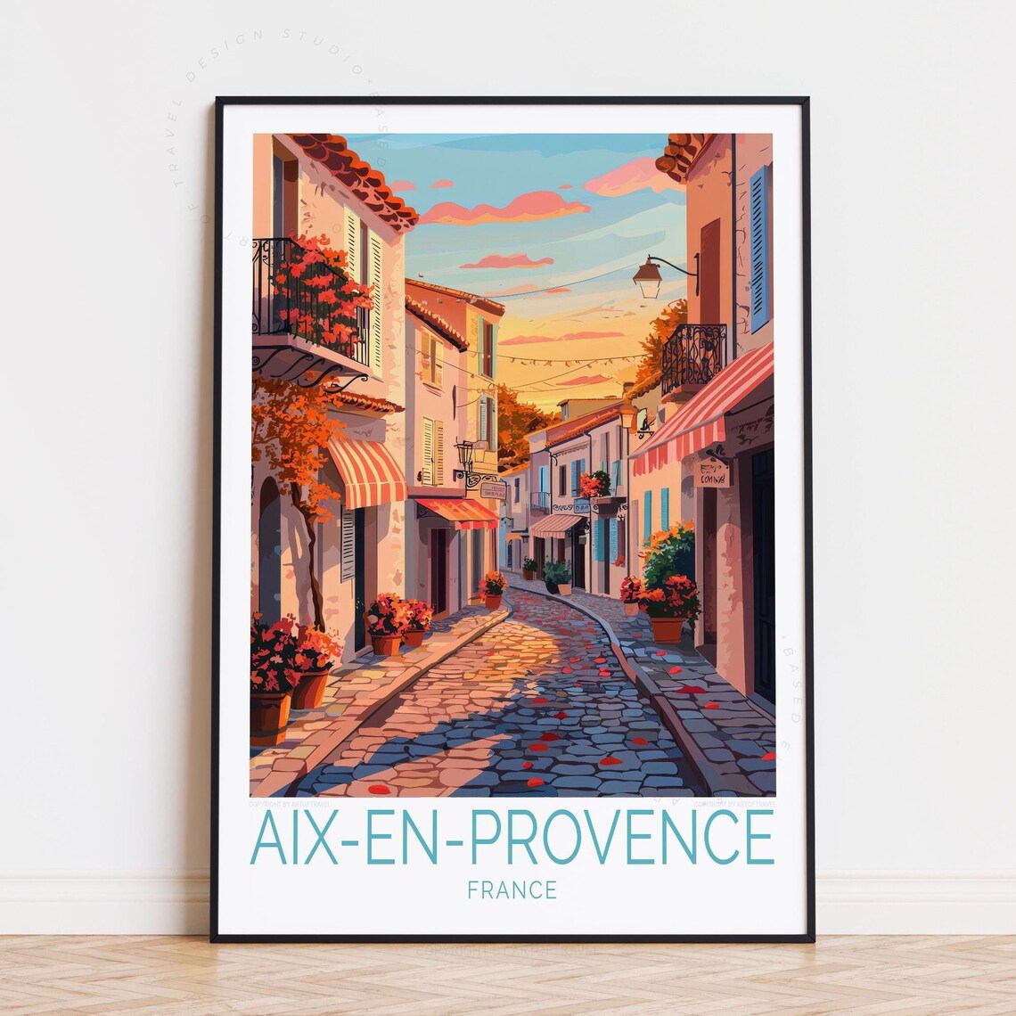 Aix en Provence France Cobblestone Street Sunset Travel Poster